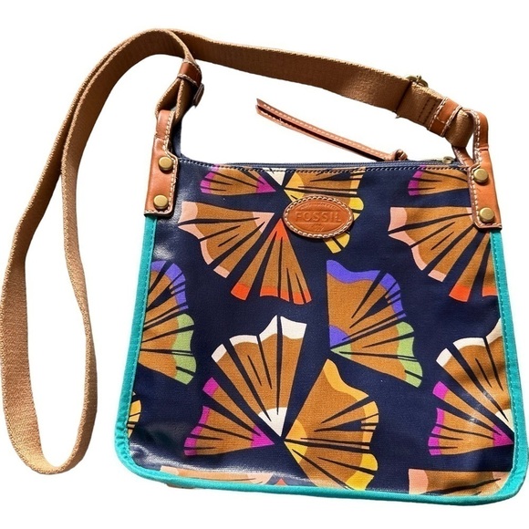Fossil Key-Per Crossbody Handbag Blue Multi Coated Canvas - Picture 1 of 9